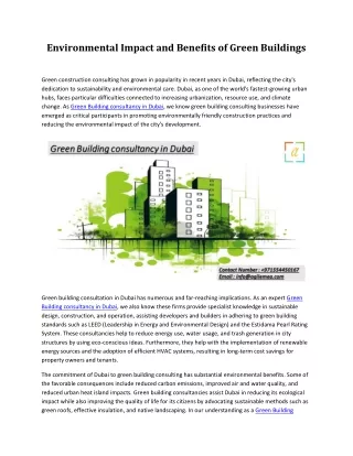 Environmental Impact and Benefits of Green Buildings