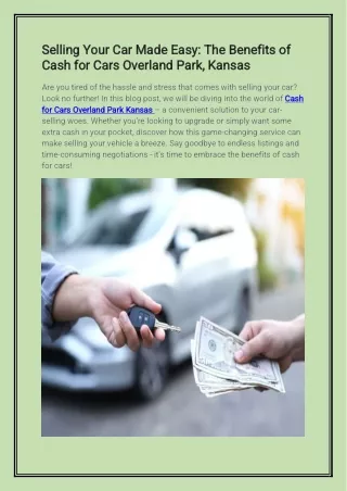 Selling Your Car Made Easy The Benefits of Cash for Cars Overland Park, Kansas