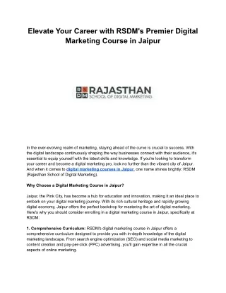 Elevate Your Career with RSDM's Premier Digital Marketing Course in Jaipur