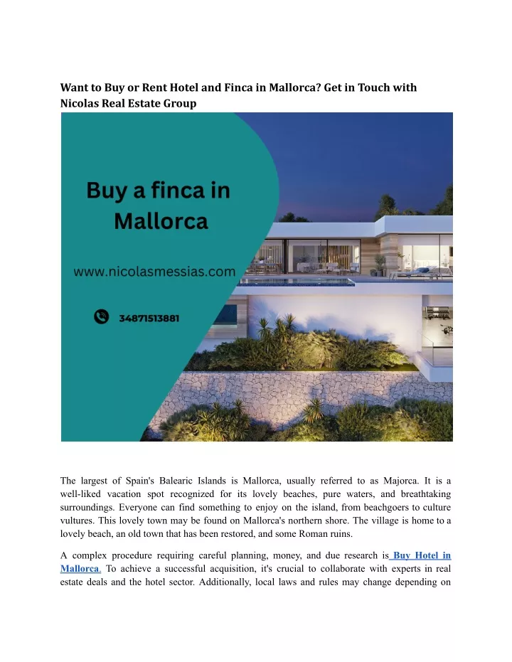 want to buy or rent hotel and finca in mallorca