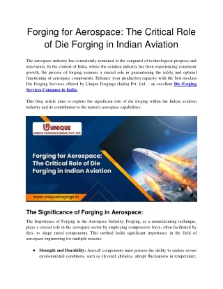Forging for Aerospace: The Critical Role of Die Forging in Indian Aviation