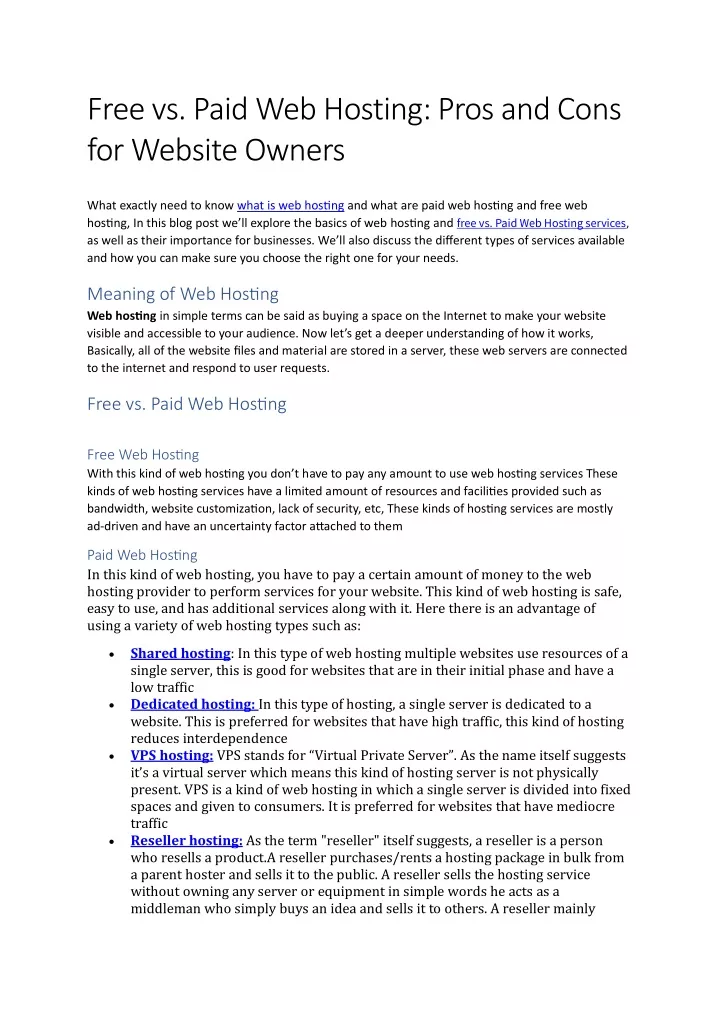 free vs paid web hosting pros and cons