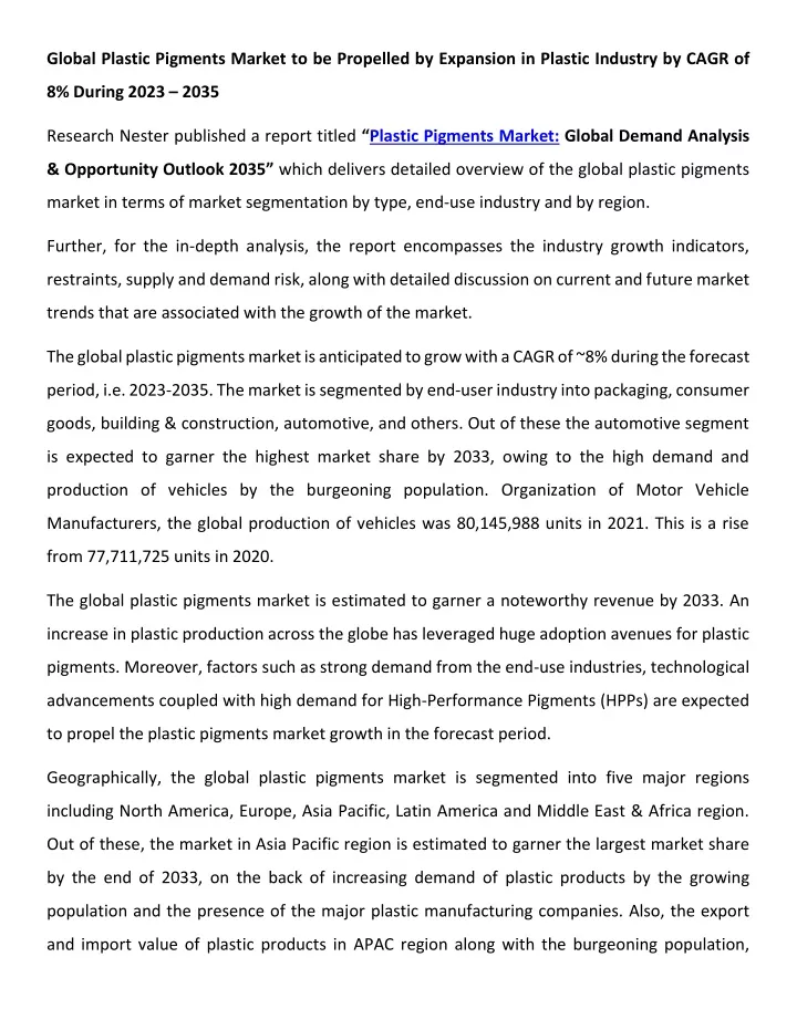 global plastic pigments market to be propelled