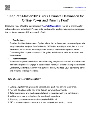 "TeenPattiMaster2023: Your Ultimate Destination for Online Poker and Rummy Fun!"