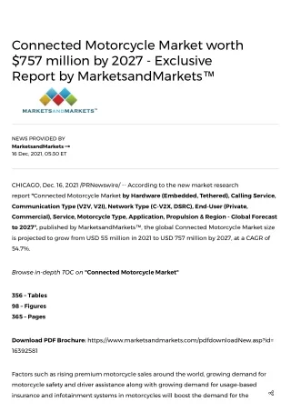 Connected Motorcycle Market worth $757 million by 2027 - Exclusive Report by MarketsandMarkets™