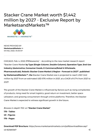 Stacker Crane Market worth $1,442 million by 2027 - Exclusive Report by MarketsandMarkets™