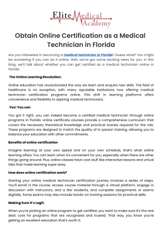 Obtain Online Certification as a Medical Technician in Florida