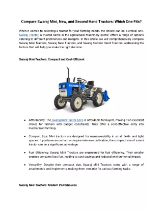 Compare Swaraj Mini, New, and Second Hand Tractors_ Which One Fits
