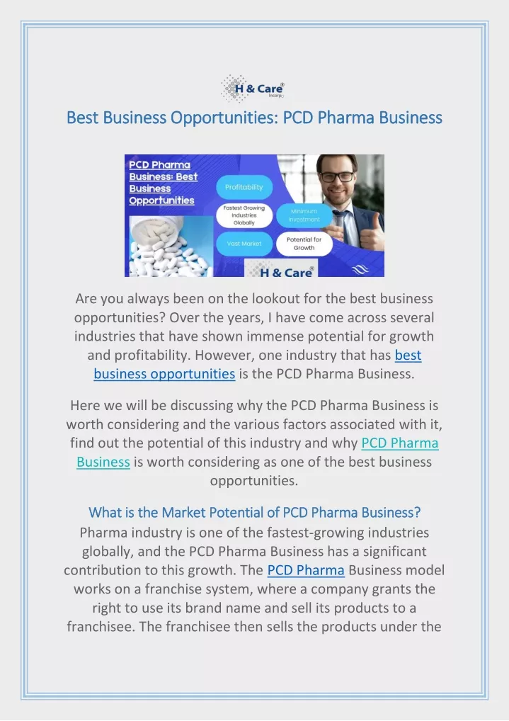 best business opportunities pcd pharma business