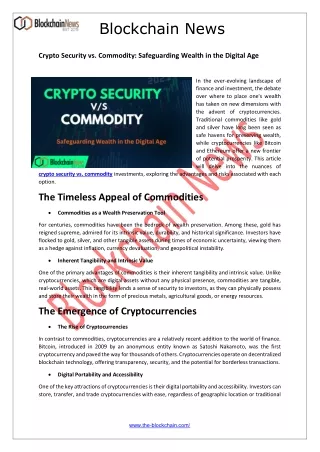 Crypto Security vs. Commodity: Safeguarding Wealth in the Digital Age