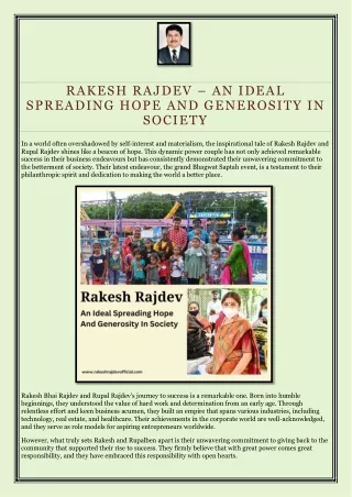 Rakesh Rajdev - An Ideal Spreading Hope And Generosity In Society
