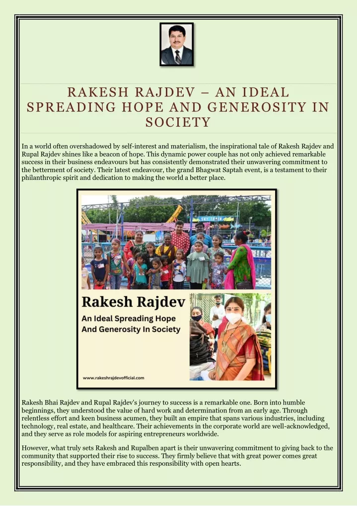 rakesh rajdev an ideal spreading hope