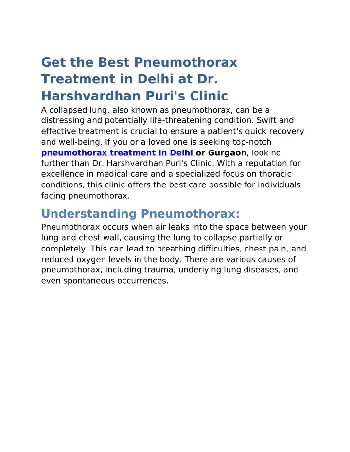 get the best pneumothorax treatment in delhi