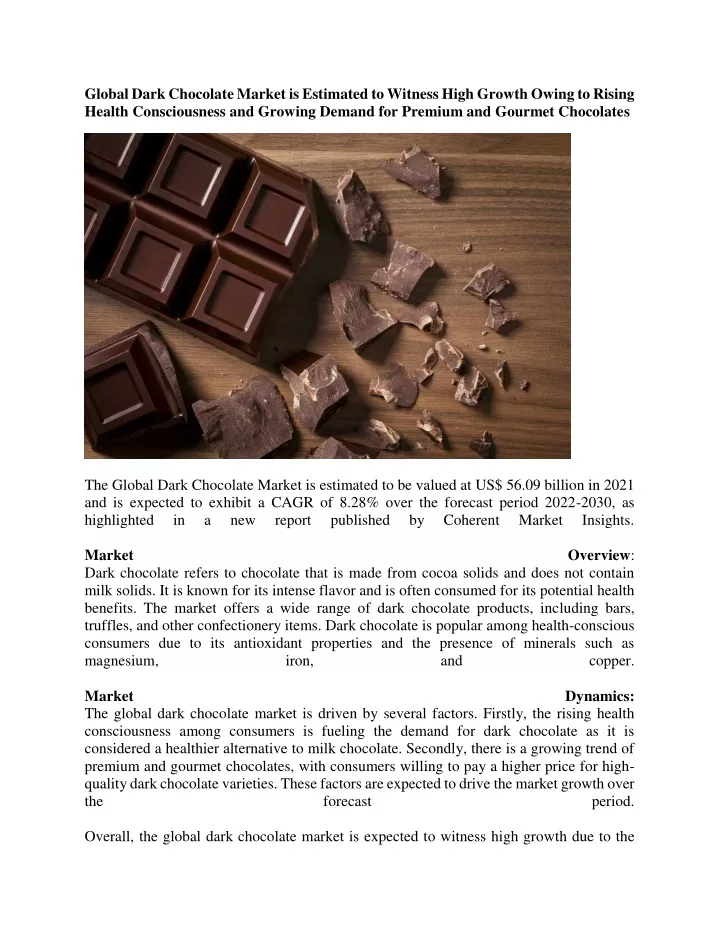 global dark chocolate market is estimated
