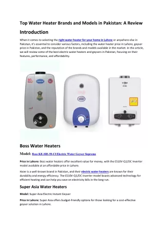 Top Water Heater Brands and Models in Pakistan