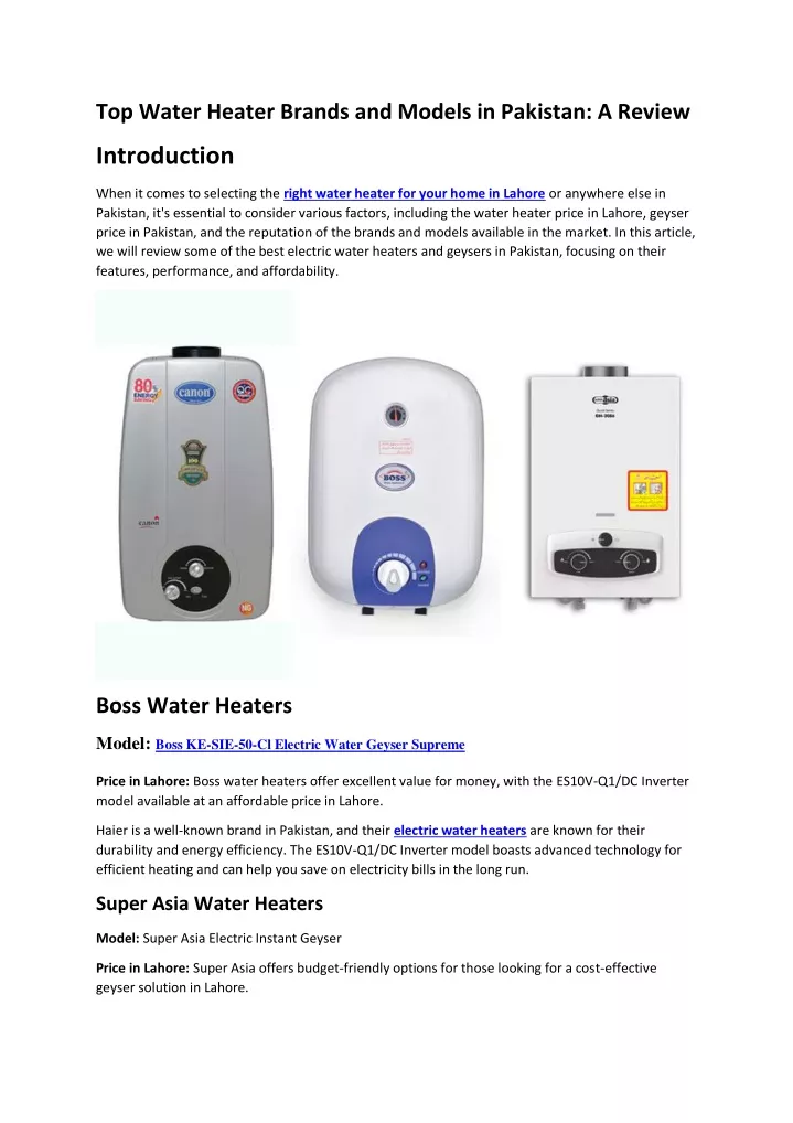 top water heater brands and models in pakistan