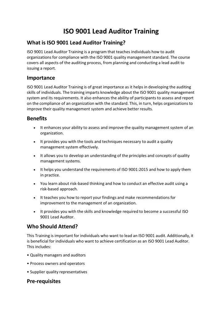 iso 9001 lead auditor training what is iso 9001