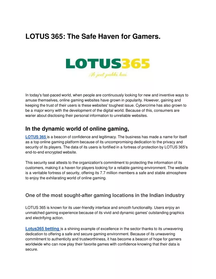 lotus 365 the safe haven for gamers