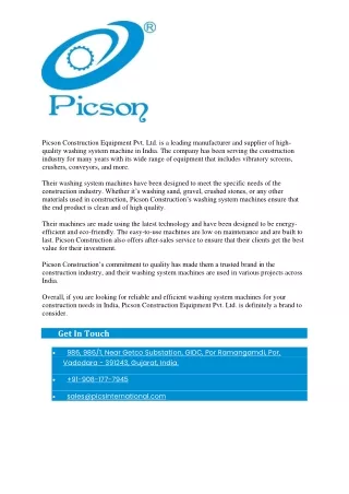 Washing System Machine Manufacturer in India - Picson Construction