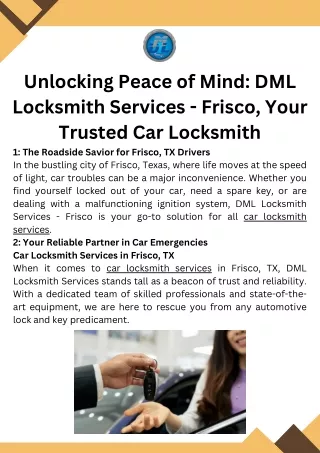 Unlocking Peace of Mind DML Locksmith Services - Frisco, Your Trusted Car Locksmith