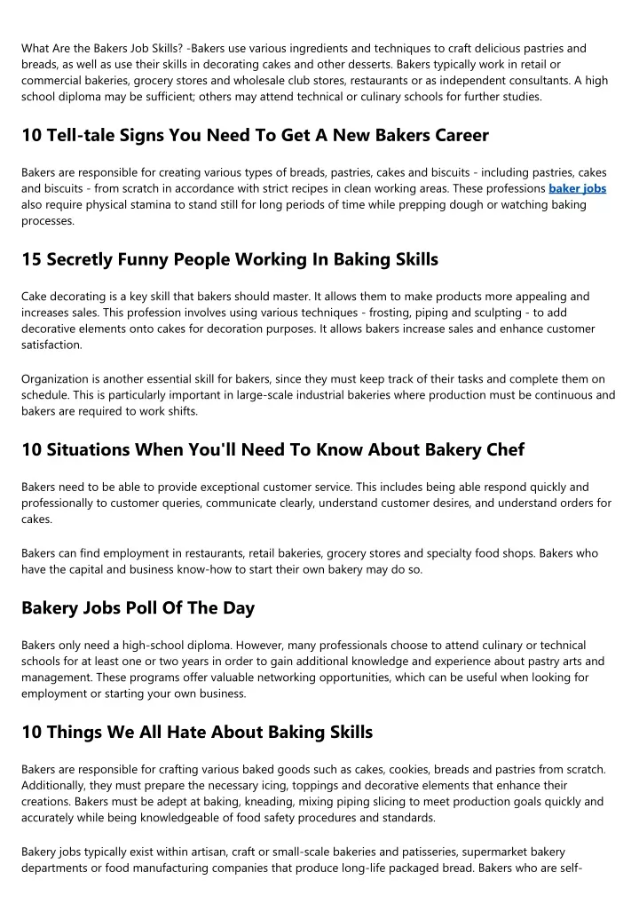 what are the bakers job skills bakers use various