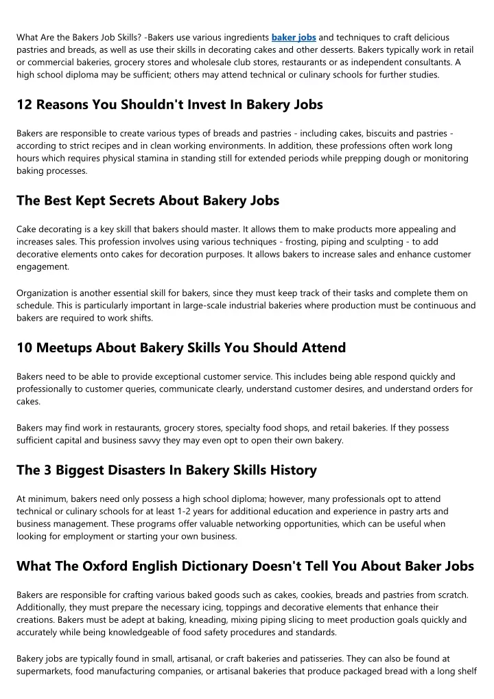 what are the bakers job skills bakers use various