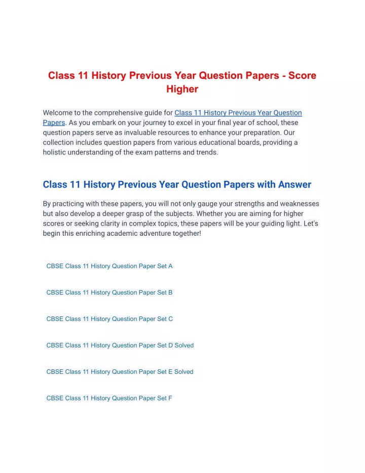 class 11 history previous year question papers