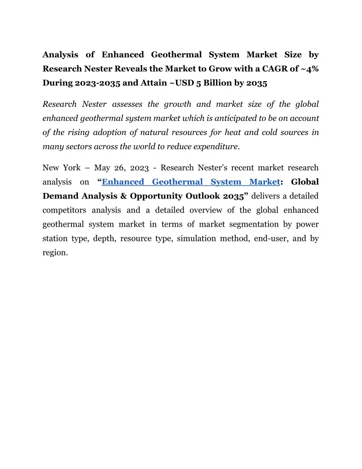 analysis of enhanced geothermal system market