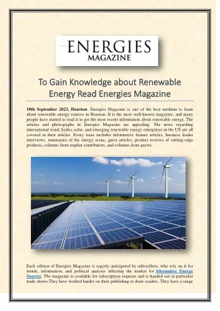 To Gain Knowledge about Renewable Energy Read Energies Magazine
