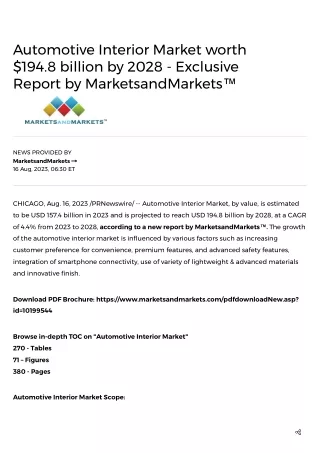 Automotive Interior Market worth $194.8 billion by 2028 - Exclusive Report by MarketsandMarkets™