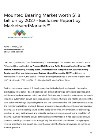 Mounted Bearing Market worth $1.8 billion by 2027 - Exclusive Report by MarketsandMarkets™