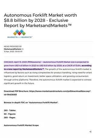Autonomous Forklift Market worth $8.8 billion by 2028 - Exclusive Report by MarketsandMarkets™