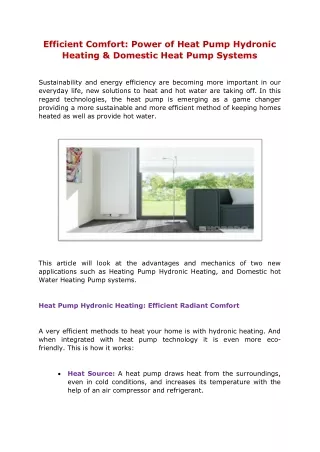 Efficient Comfort Power of Heat Pump Hydronic Heating & Domestic Heat Pump Systems