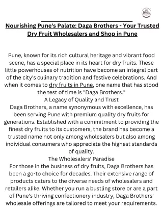 Nourishing Pune's Palate Daga Brothers - Your Trusted Dry Fruit Wholesalers and Shop in Pune