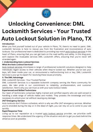 Unlocking Convenience DML Locksmith Services - Your Trusted Auto Lockout Solution in Plano, TX