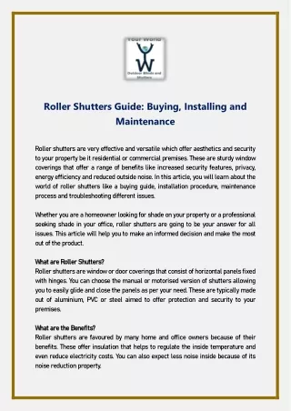 Roller Shutters Guide- Buying Installing and Maintenance