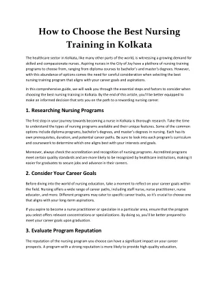 How to Choose the Best Nursing Training in Kolkata