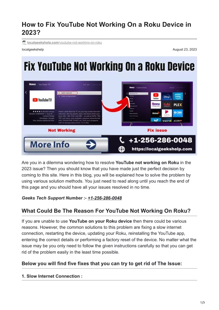 how to fix youtube not working on a roku device