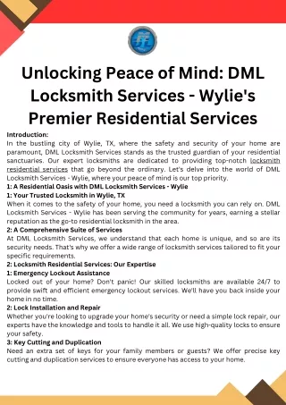Unlocking Peace of Mind DML Locksmith Services - Wylie's Premier Residential Services