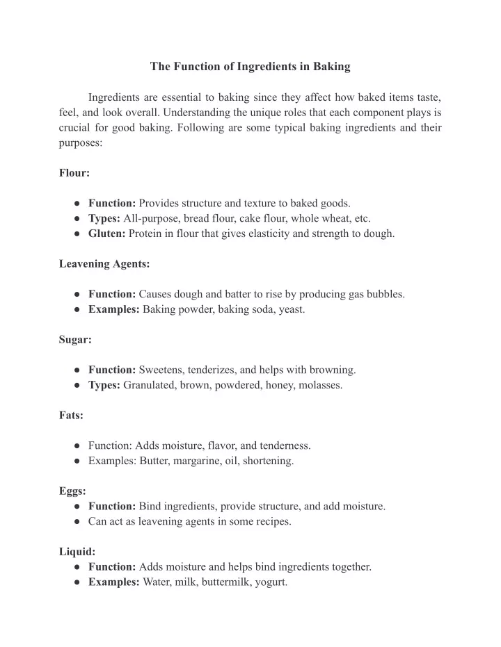 the function of ingredients in baking