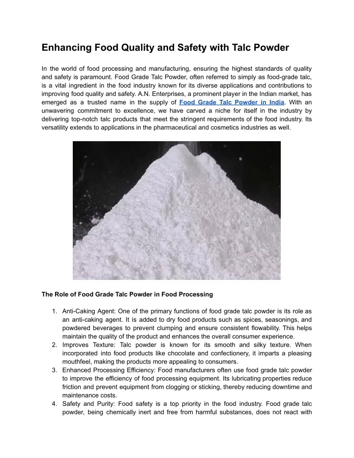 enhancing food quality and safety with talc powder