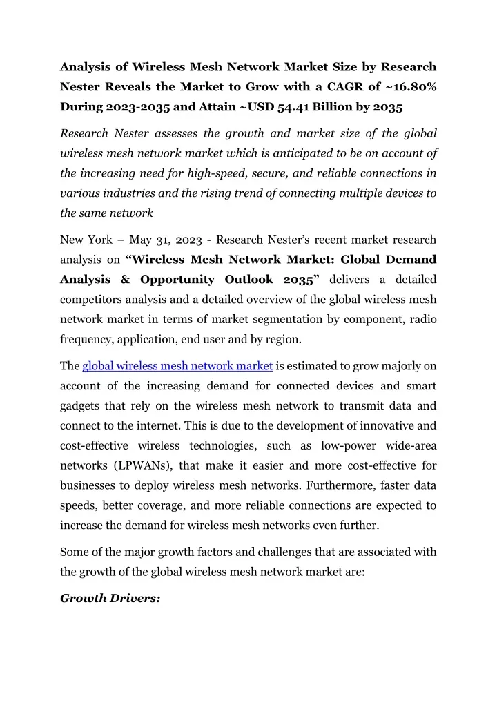 analysis of wireless mesh network market size