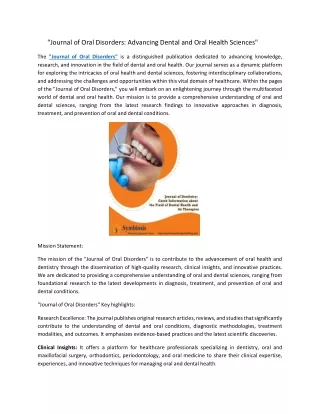 Journal of Oral Disorders,Advancing Dental and Oral Health Sciences