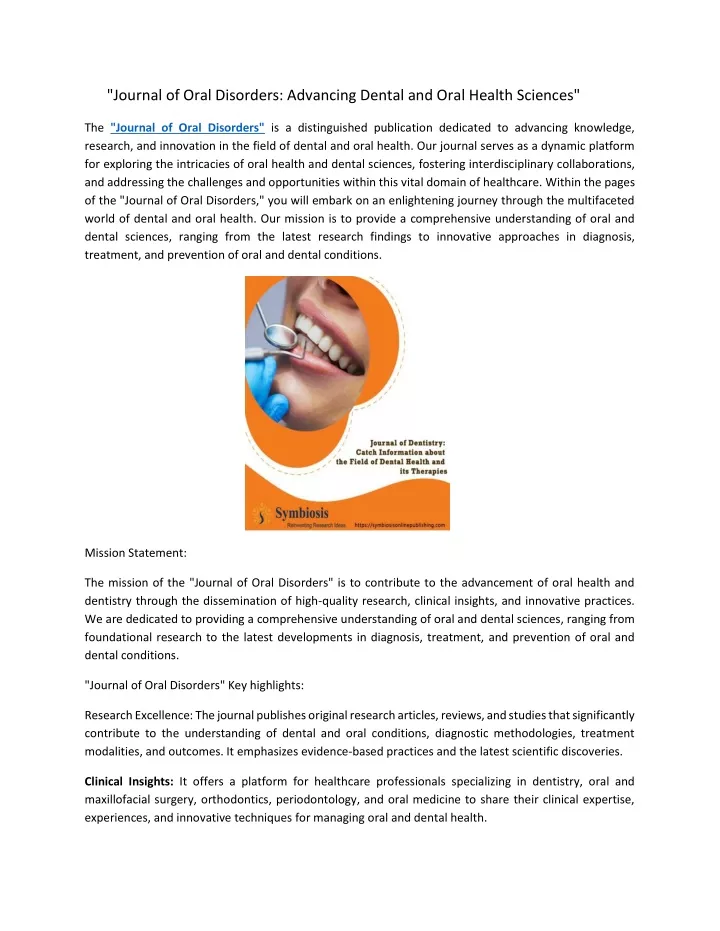 journal of oral disorders advancing dental