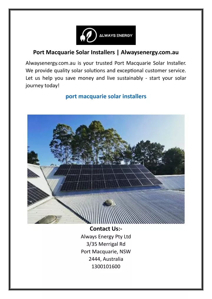 port macquarie solar installers alwaysenergy