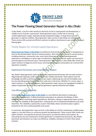 Dependable Diesel Generator Repair Services in Abu Dhabi