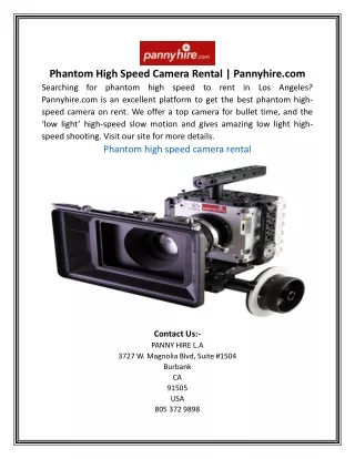 Phantom High Speed Camera Rental | Pannyhire.com