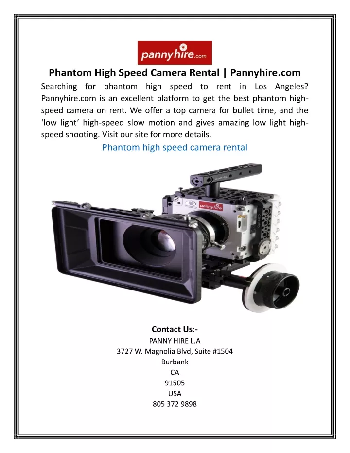 phantom high speed camera rental pannyhire