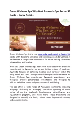 Green Wellness Spa Why Best Ayurveda Spa Sector 53 Noida – Know Details