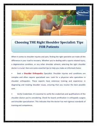 Choosing THE Right Shoulder Specialist Tips FOR Patients
